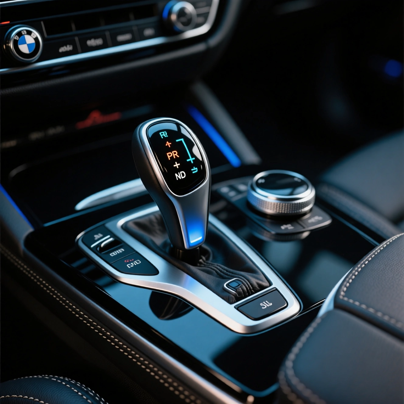 نمای نزدیک از کیفیت ساخت سر دنده خلبانی اورجینال بی ام و (BMW) - جزئیات قطعه اسپرت مدل بالایی در کابین